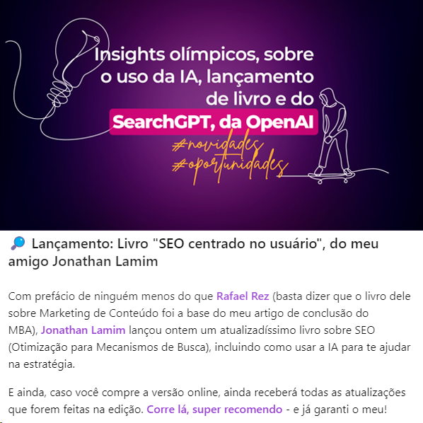 Publicação do livro SEO Centrado no Usuário feita na newsletter da Diana Pádua | Midiamorfose